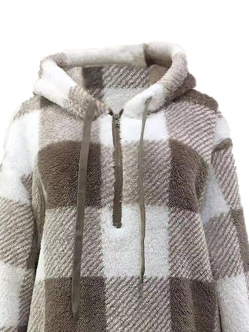 Rosy Brown Plaid Half Zip Drawstring Hoodie Sentient Beauty Fashions Apparel &amp; Accessories