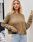 Gray Cable-Knit Round Neck Dropped Shoulder Sweater