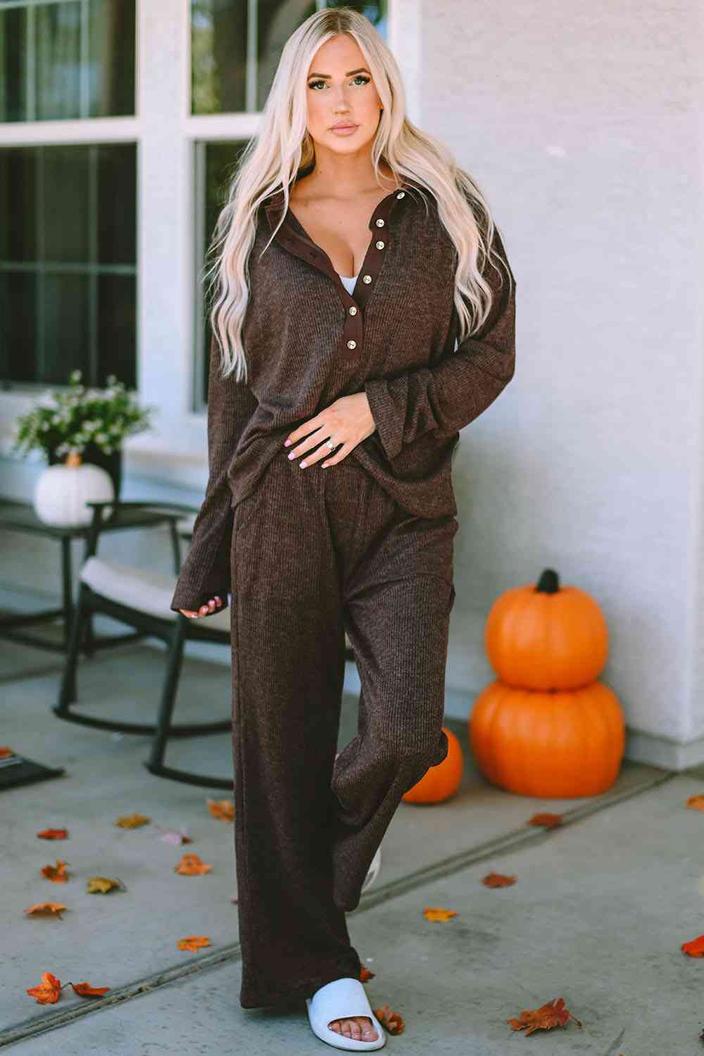 Dark Olive Green Buttoned Long Sleeve Top and Long Pants Lounge Set Sentient Beauty Fashions Apparel & Accessories