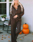 Dark Olive Green Buttoned Long Sleeve Top and Long Pants Lounge Set