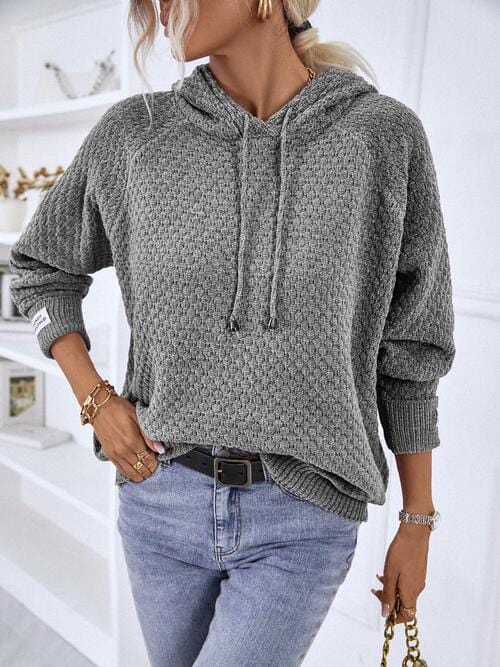 Gray Texture Drawstring Long Sleeve Hooded Sweater