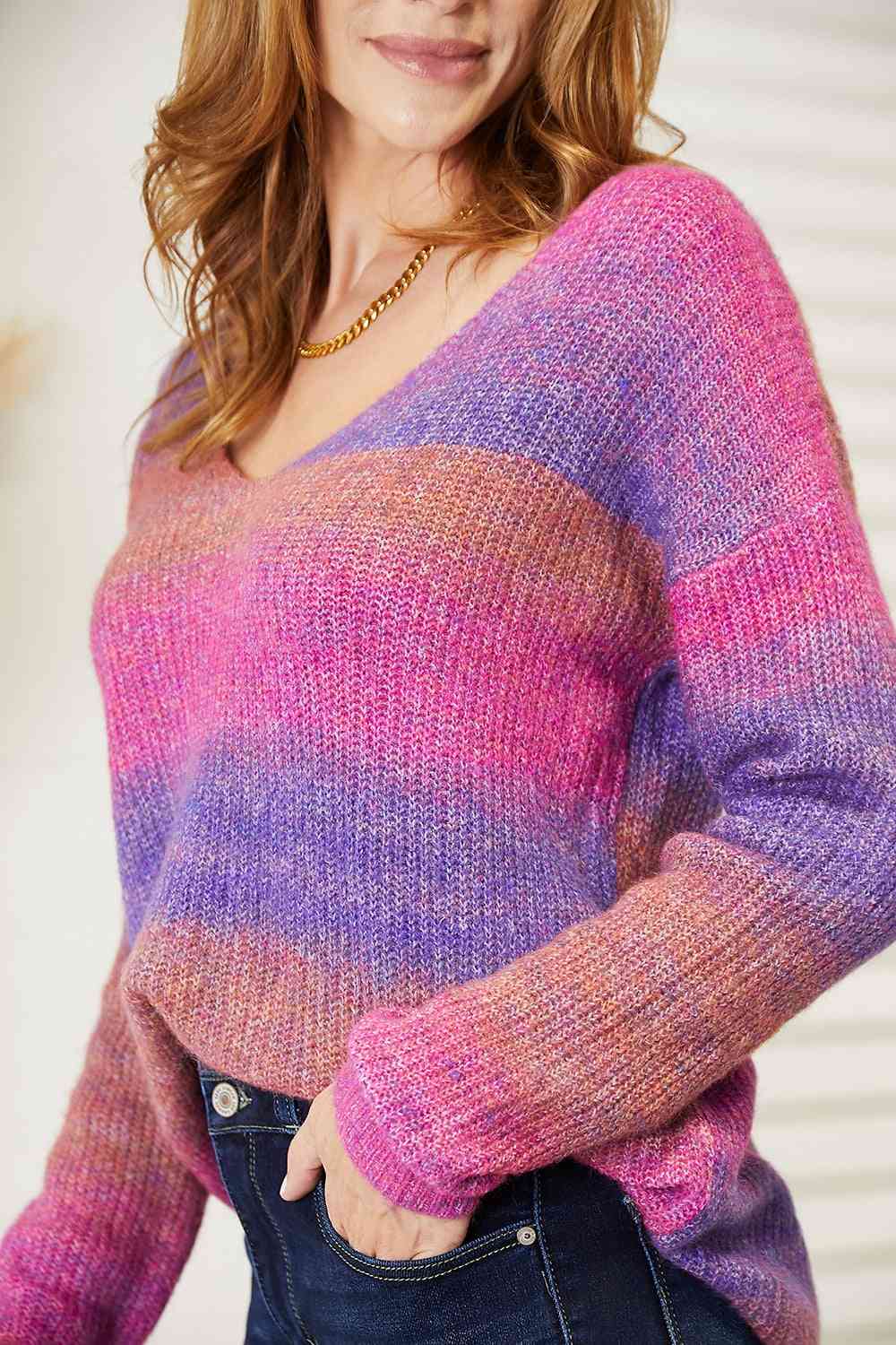 Rosy Brown Double Take Multicolored Rib-Knit V-Neck Knit Pullover