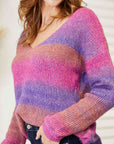 Rosy Brown Double Take Multicolored Rib-Knit V-Neck Knit Pullover Sentient Beauty Fashions Apparel & Accessories