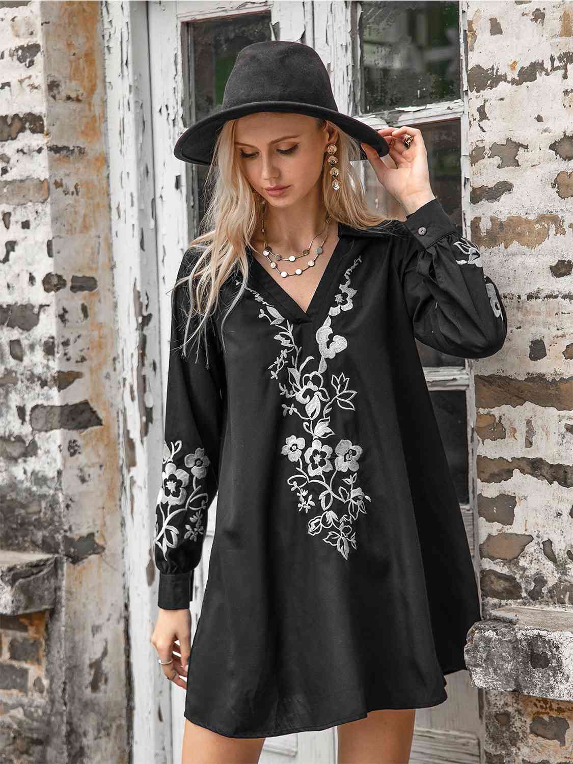 Dark Slate Gray Floral Collared Neck Long Sleeve Dress Sentient Beauty Fashions Apparel & Accessories
