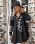 Dark Slate Gray Floral Collared Neck Long Sleeve Dress Sentient Beauty Fashions Apparel & Accessories