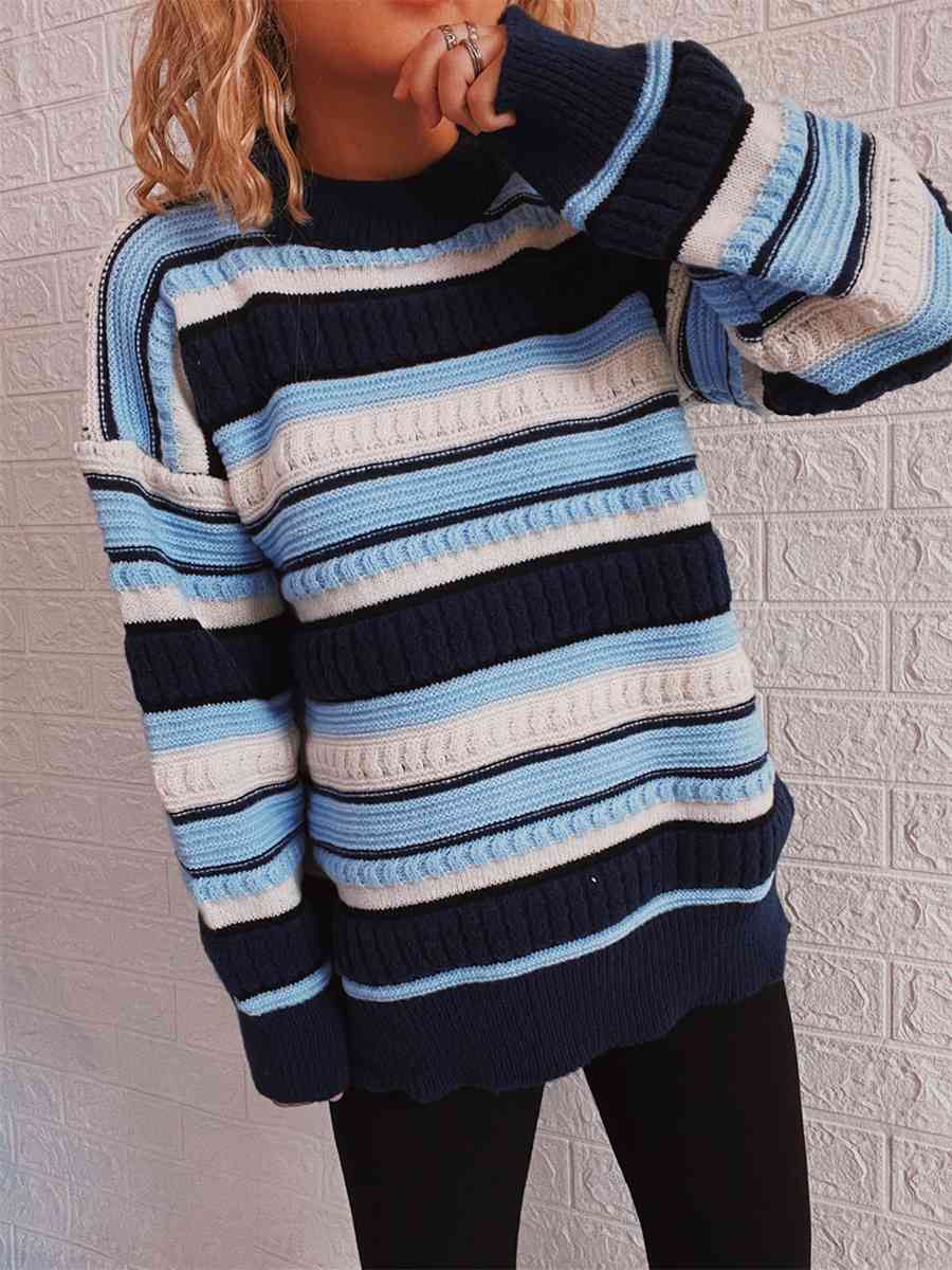 Dark Gray Striped Drop Shoulder Round Neck Sweater