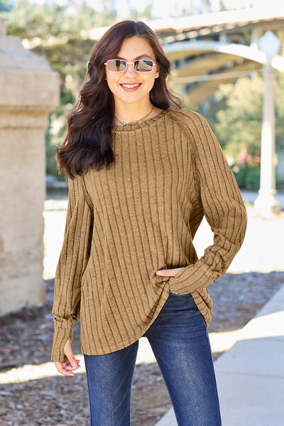 Rosy Brown Basic Bae Full Size Ribbed Round Neck Long Sleeve Knit Top Sentient Beauty Fashions Apparel &amp; Accessories