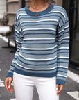 Dark Slate Gray Striped Round Neck Long Sleeve Sweater