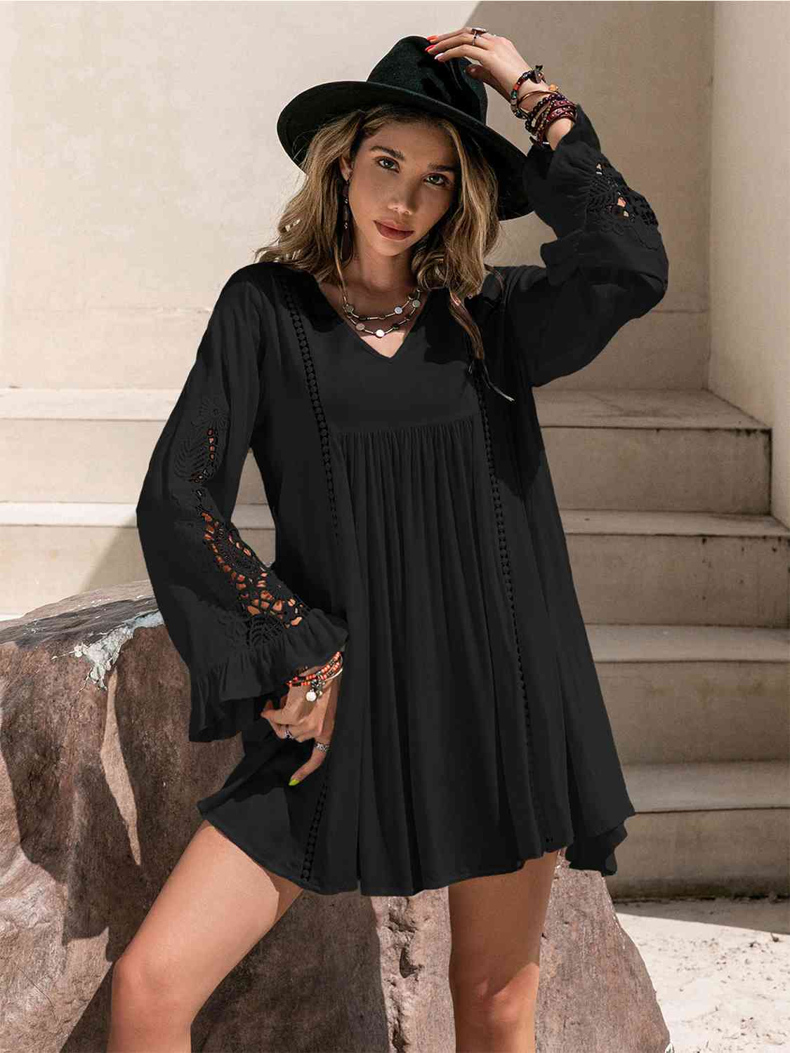 Dark Slate Gray Lace Detail V-Neck Mini Dress Sentient Beauty Fashions Apparel &amp; Accessories