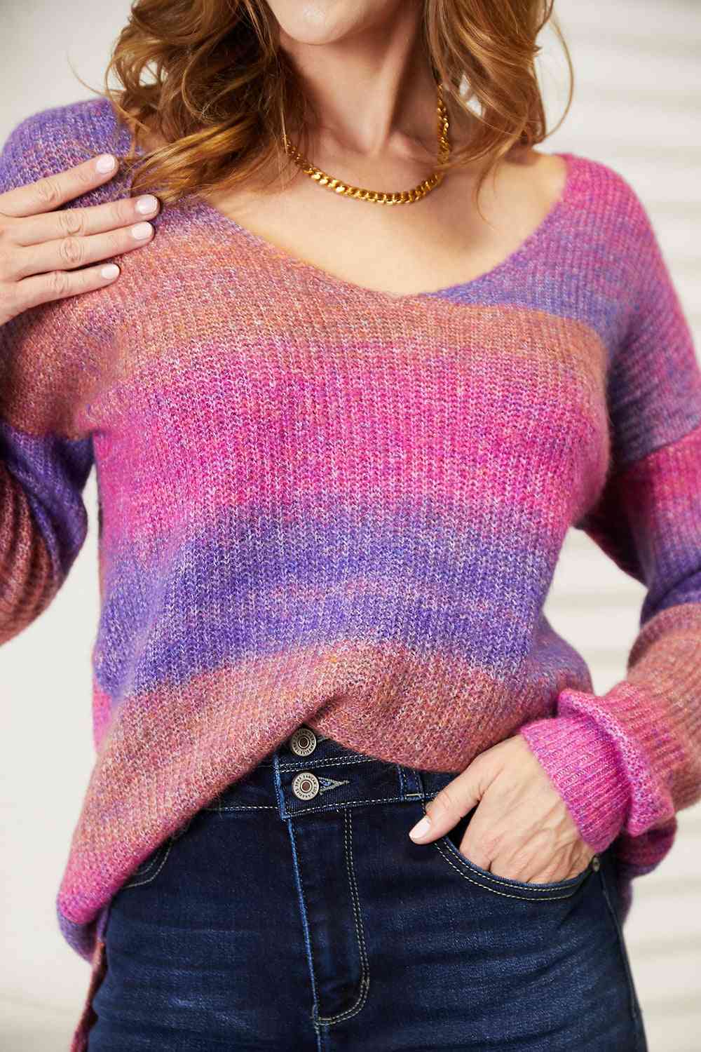Rosy Brown Double Take Multicolored Rib-Knit V-Neck Knit Pullover Sentient Beauty Fashions Apparel &amp; Accessories