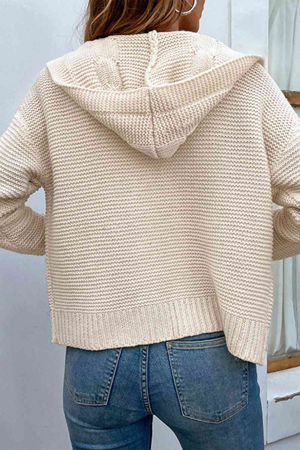 Gray Cable-Knit Dropped Shoulder Hooded Cardigan