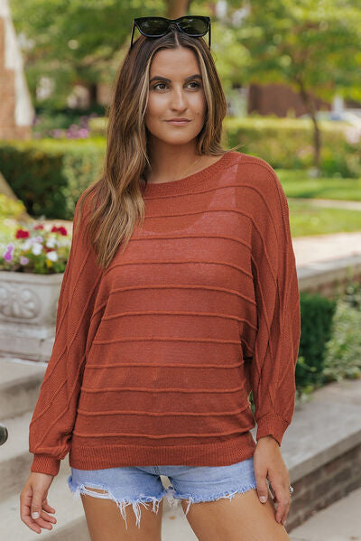Sienna Striped Ribbed Trim Round Neck Sweater Sentient Beauty Fashions Apparel &amp; Accessories