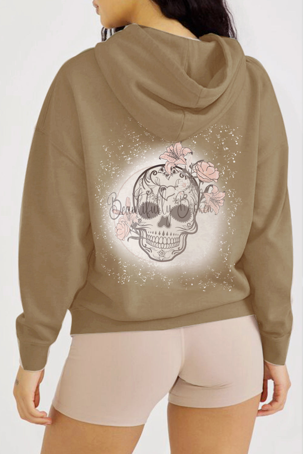 Rosy Brown Simply Love Full Size SKULL Graphic Hoodie