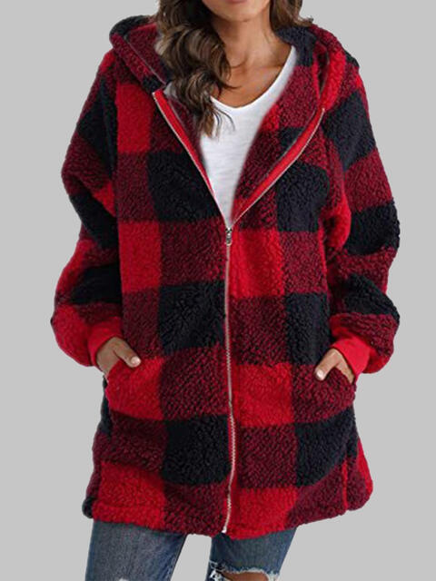 Dark Red Plaid Zip-Up Hooded Jacket with Pockets Sentient Beauty Fashions Apparel & Accessories