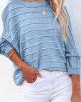 Light Gray Striped Ribbed Trim Round Neck Sweater Sentient Beauty Fashions Apparel & Accessories