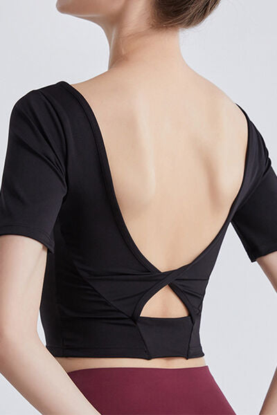 Black Cutout Backless Round Neck Active T-Shirt Sentient Beauty Fashions Apparel &amp; Accessories