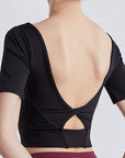 Black Cutout Backless Round Neck Active T-Shirt Sentient Beauty Fashions Apparel & Accessories