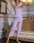 Rosy Brown V-Neck Lace Trim Slit Cami and Pants Pajama Set