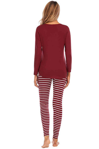 Saddle Brown Graphic Round Neck Top and Striped Pants Set