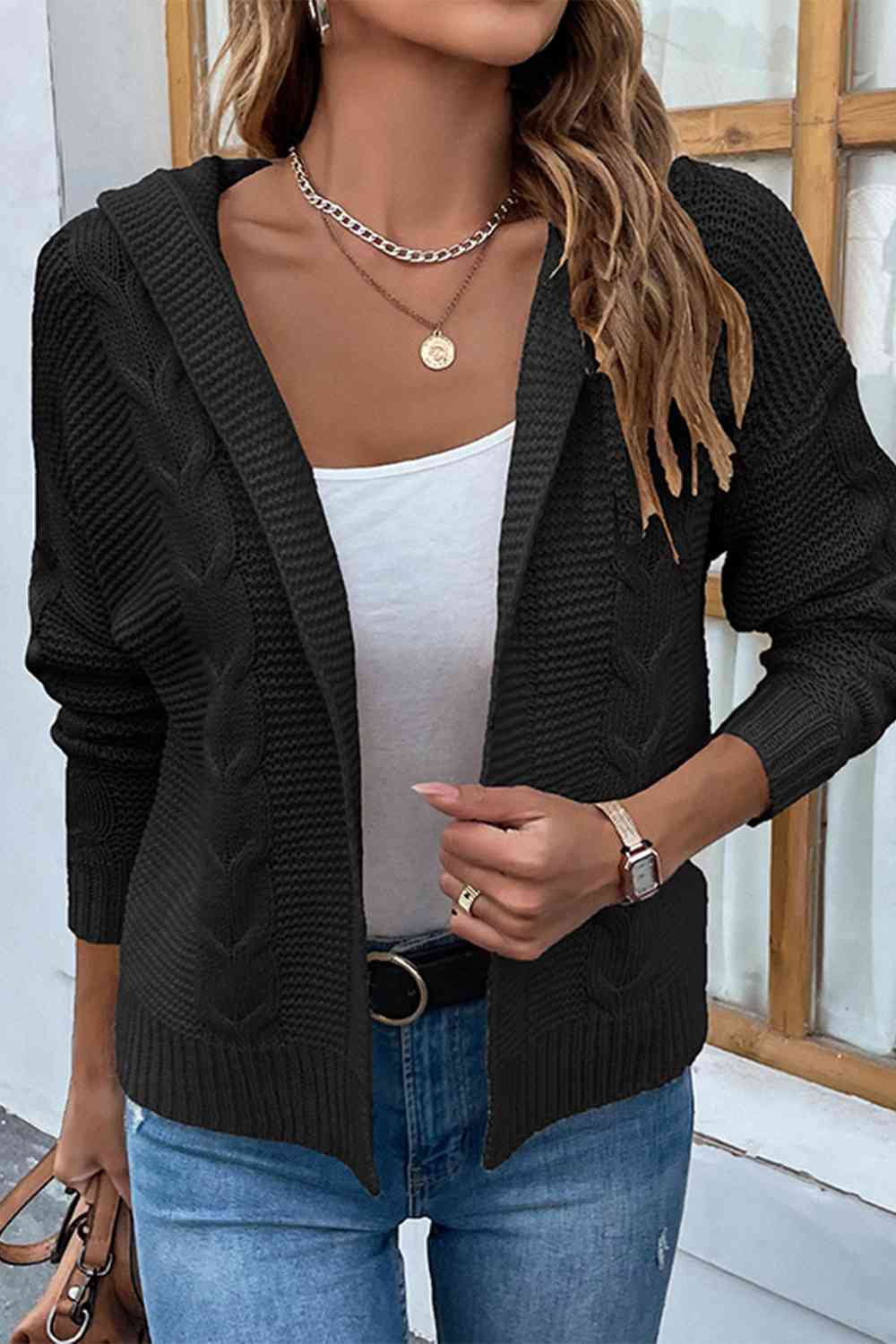 Gray Cable-Knit Dropped Shoulder Hooded Cardigan