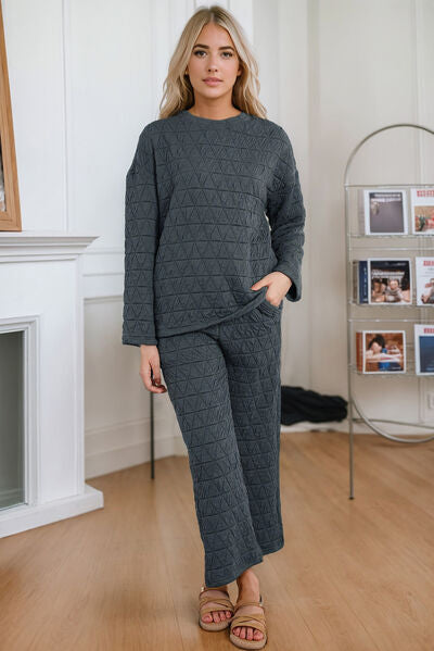 Dark Gray Round Neck Top and Pocketed  Pants Lounge Set Sentient Beauty Fashions Apparel &amp; Accessories