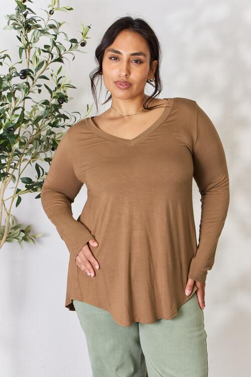 Gray Zenana Full Size Long Sleeve V-Neck Top Sentient Beauty Fashions Apparel & Accessories