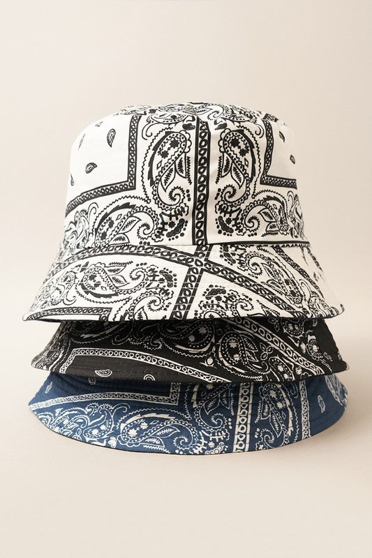 Antique White Paisley Pattern Reversible Safari Bucket Hat
