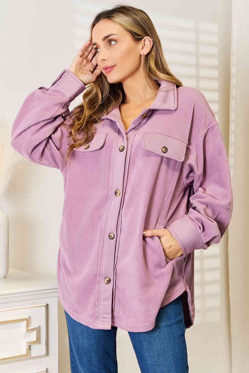 Thistle Heimish Cozy Girl Full Size Button Down Shacket Sentient Beauty Fashions Apparel & Accessories