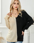 Light Gray Two-Tone V-Neck Long Sleeve Knit Top