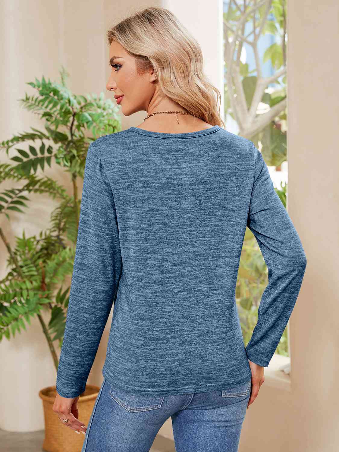 Tan Buttoned Round Neck  Long Sleeve T-Shirt