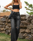 Dark Slate Gray Distressed Buttoned Loose Fit Jeans Sentient Beauty Fashions Apparel & Accessories