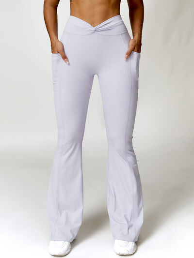 Light Gray Twisted High Waist Active Pants with Pockets Sentient Beauty Fashions Apparel &amp; Accessories