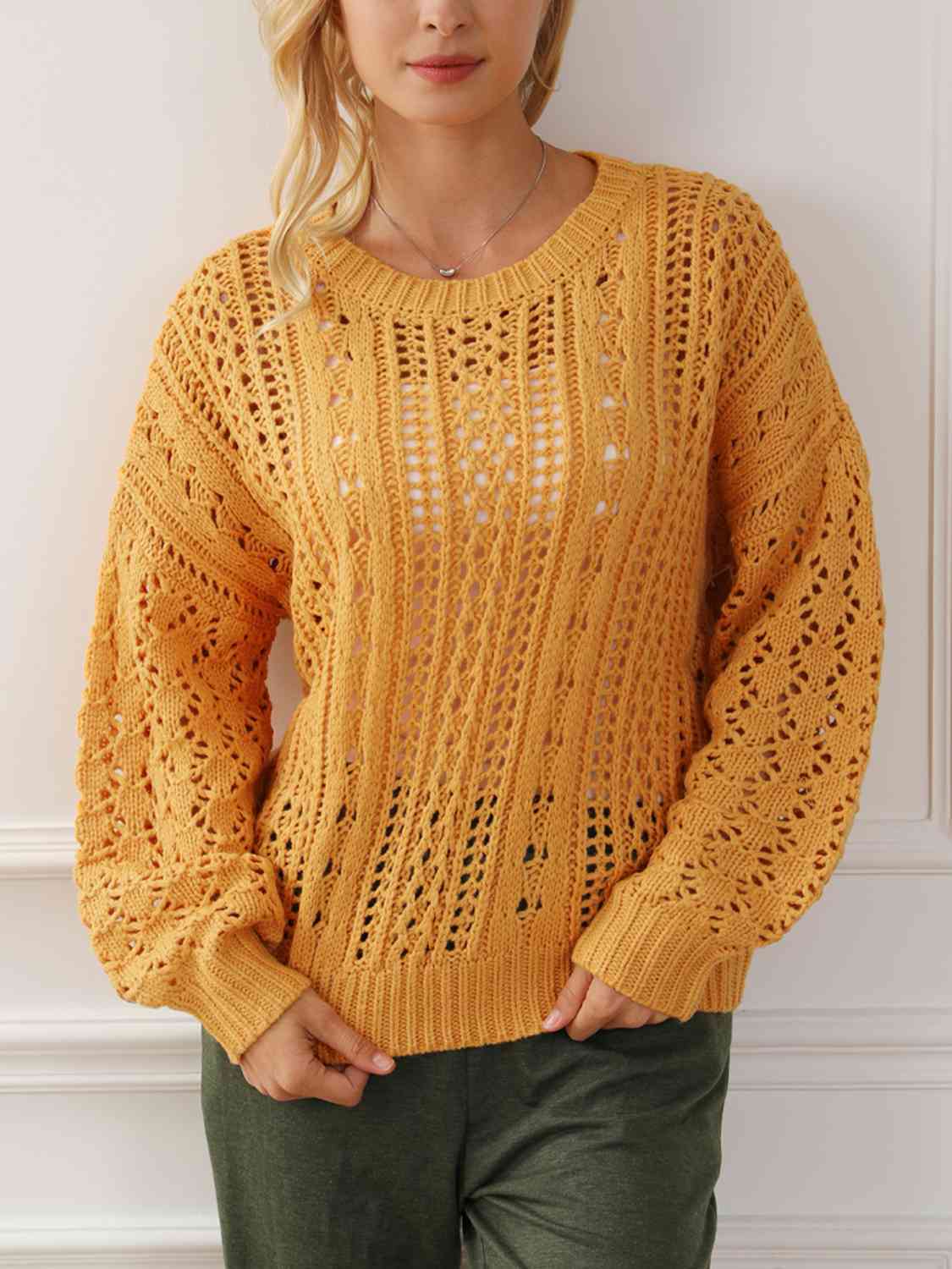 Chocolate Openwork Round Neck Long Sleeve Sweater Sentient Beauty Fashions Apparel & Accessories
