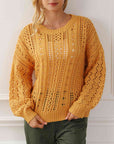 Chocolate Openwork Round Neck Long Sleeve Sweater