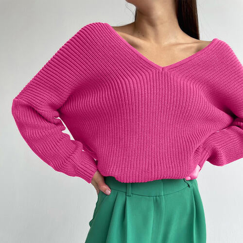 Maroon V-Neck Dropped Shoulder Long Sleeve Sweater Sentient Beauty Fashions Apparel & Accessories