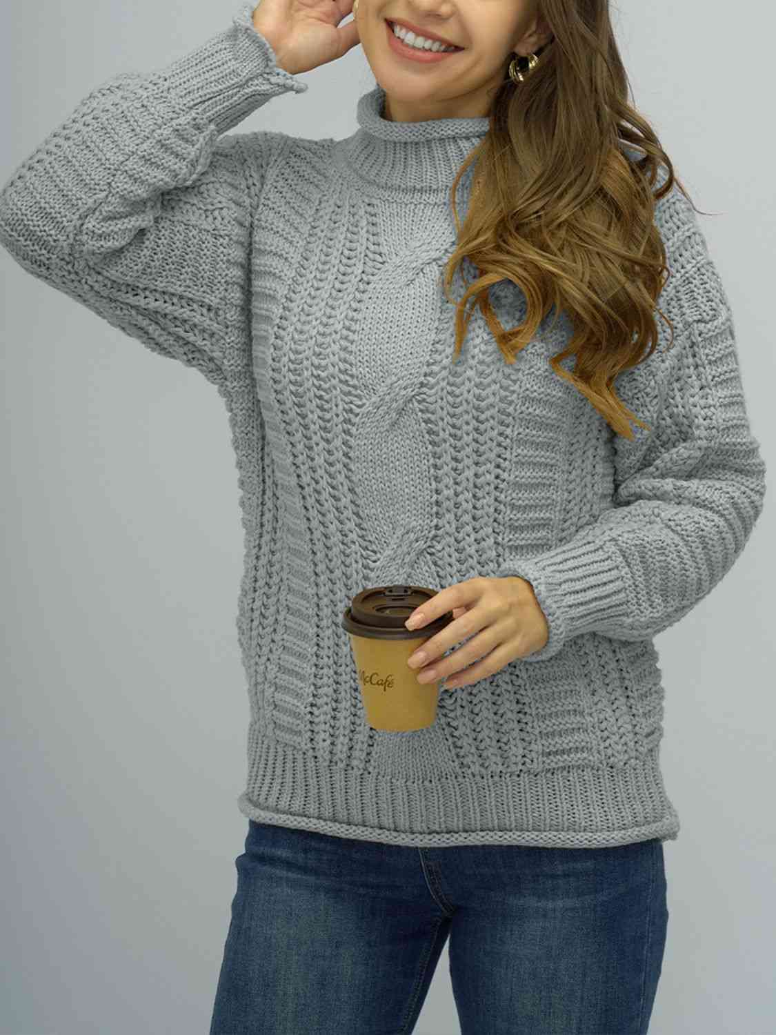 Dark Gray Cable-Knit Mock Neck Sweater Sentient Beauty Fashions Apparel &amp; Accessories