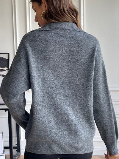 Dim Gray Half Zip Dropped Shoulder Sweater