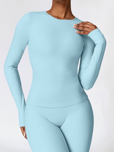 Powder Blue Round Neck Long Sleeve Active T-Shirt Sentient Beauty Fashions Apparel &amp; Accessories