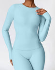 Powder Blue Round Neck Long Sleeve Active T-Shirt Sentient Beauty Fashions Apparel & Accessories