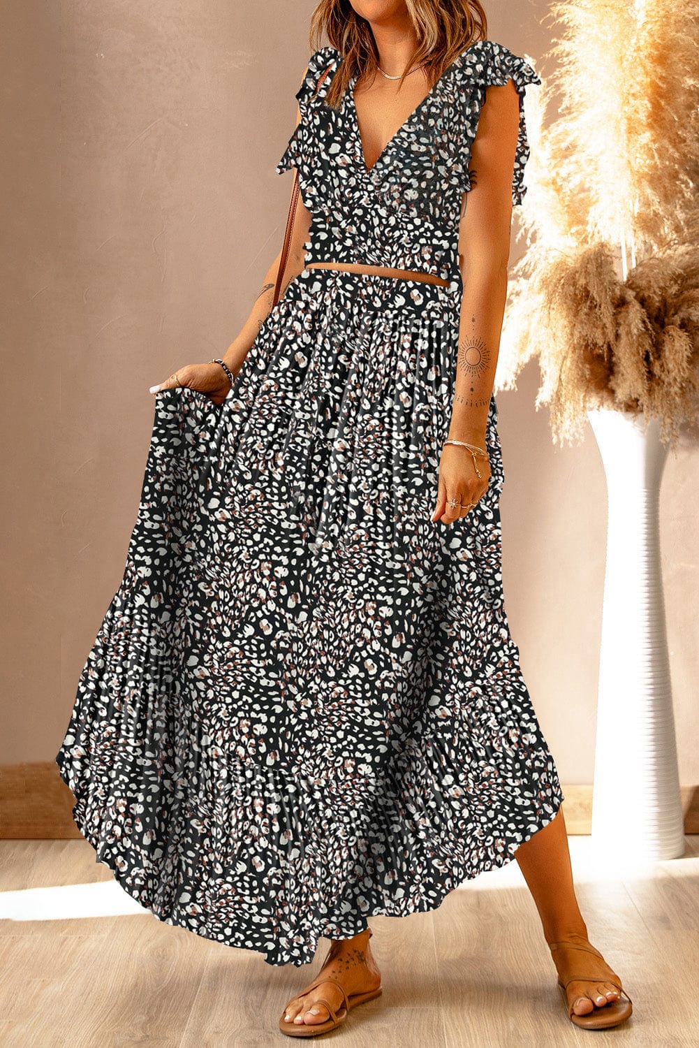 Rosy Brown Printed Tie Back Cropped Top and Maxi Skirt Set Sentient Beauty Fashions Apparel & Accessories