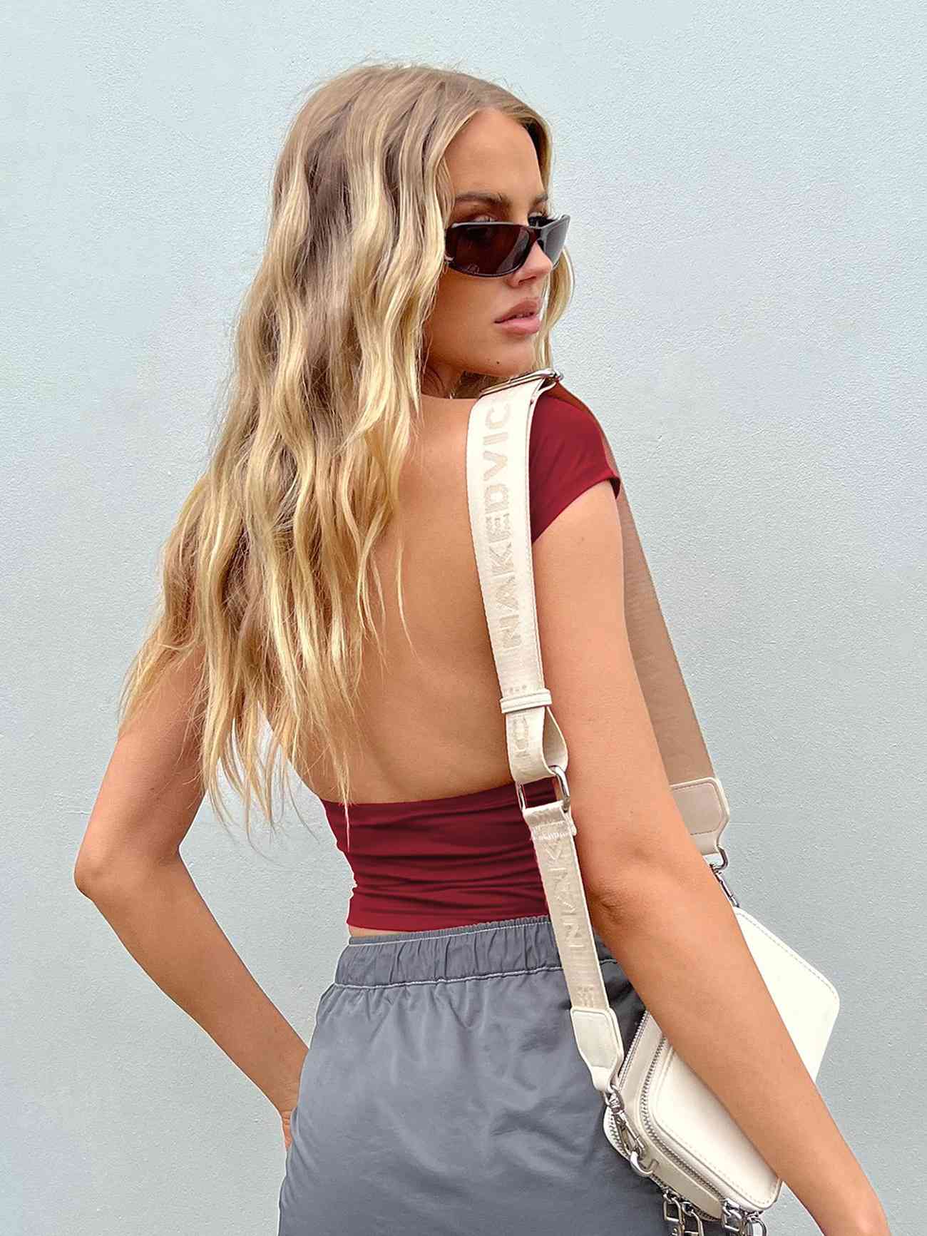 Gray Backless Short Sleeve Cropped Blouse Sentient Beauty Fashions Apparel &amp; Accessories