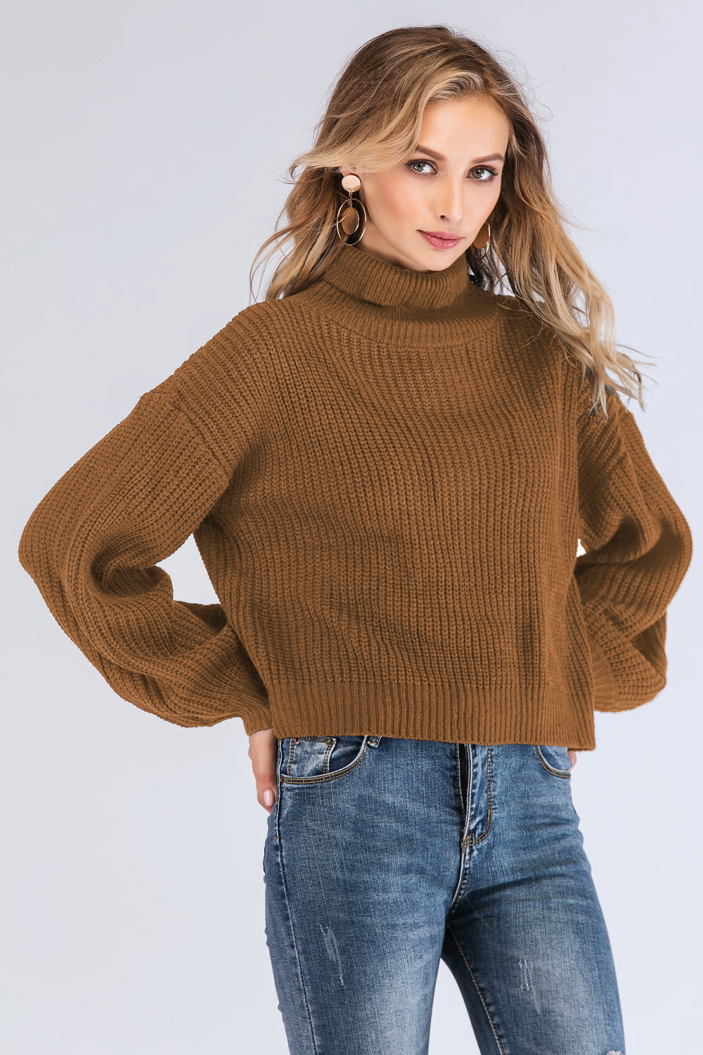 Saddle Brown Double Take Turtleneck Rib-Knit Dropped Shoulder Sweater Sentient Beauty Fashions Apparel & Accessories