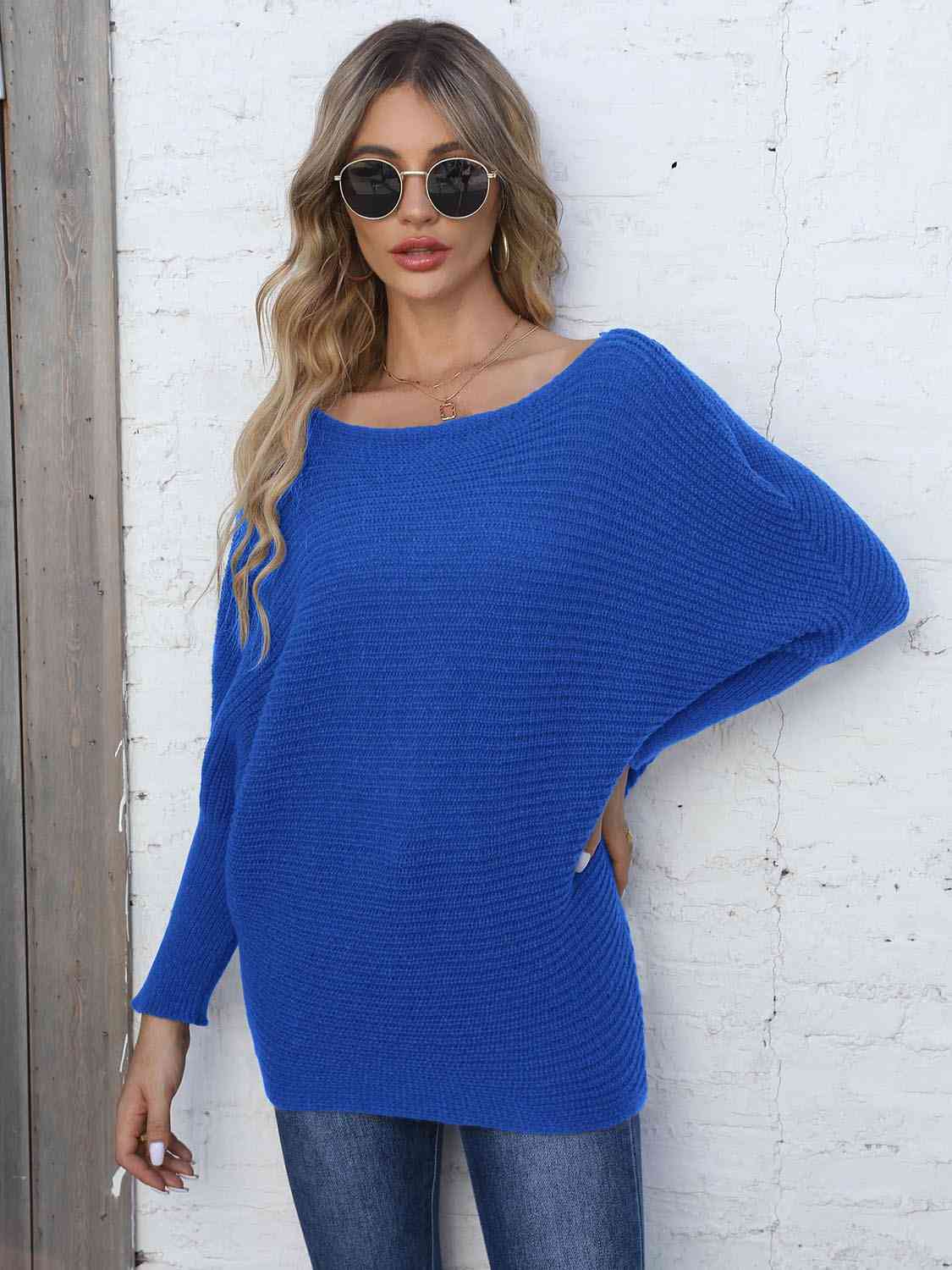 Dark Slate Blue Full Size Horizontal Ribbing Dolman Sleeve Sweater Sentient Beauty Fashions Apparel & Accessories