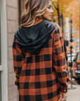 Dim Gray Plaid Button Up Drawstring Hooded Shacket Sentient Beauty Fashions Apparel & Accessories