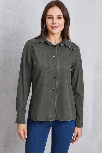 Gray Collared Neck Button Up Denim Top Sentient Beauty Fashions Apparel & Accessories