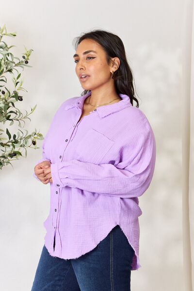 Light Gray Zenana Full Size Texture Button Up Raw Hem Long Sleeve Shirt Sentient Beauty Fashions Apparel &amp; Accessories