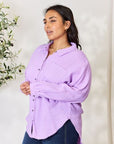 Light Gray Zenana Full Size Texture Button Up Raw Hem Long Sleeve Shirt Sentient Beauty Fashions Apparel & Accessories