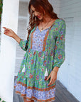 Gray Floral Tied Balloon Sleeve Mini Dress Sentient Beauty Fashions Dresses