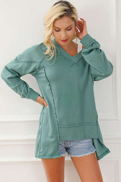 Light Gray Exposed Seam V-Neck Zip Detail Sweatshirt Sentient Beauty Fashions Apparel & Accessories