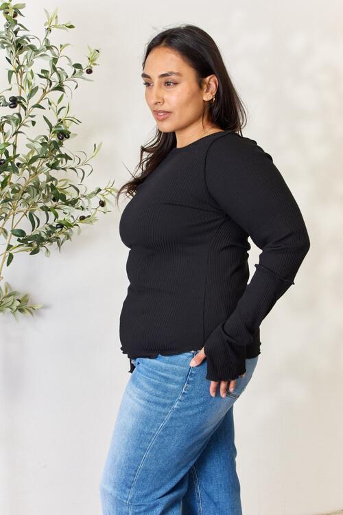 Dark Slate Gray Culture Code Full Size Ribbed Round Neck Long Sleeve Top Sentient Beauty Fashions Apparel &amp; Accessories